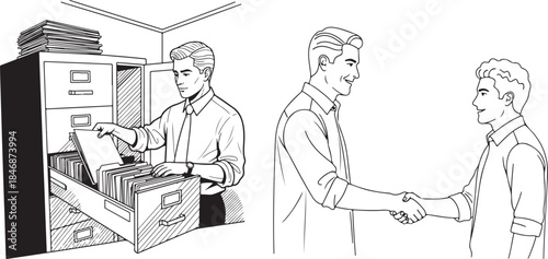 Black and White Line Art of Office Work and Business Meeting