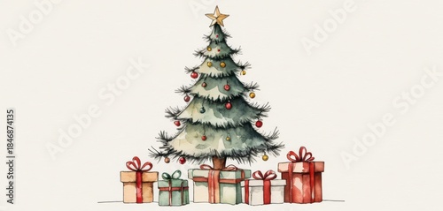 Watercolor illustration of a festive Christmas tree decorated with ornaments and a star surrounded by wrapped gift boxes