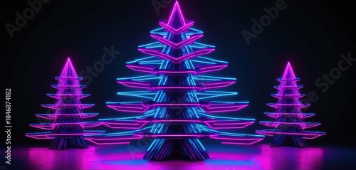Futuristic Christmas trees shining with bright pink and blue neon lights against a dark reflective floor