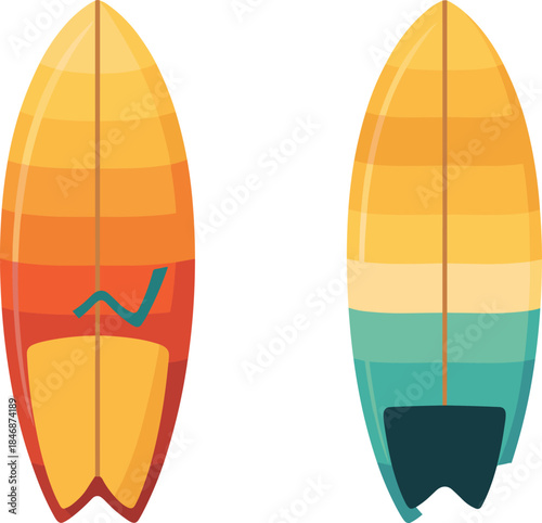 Retro surfboard illustration set colorful striped longboards symmetrical surf design vintage summer beach style isolated on white background