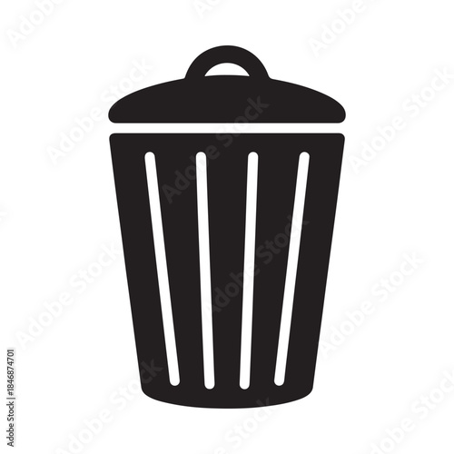 a simple black and white illustration depicts a standard waste receptacle featuring a lid and vertical lines suggesting a ribbed design alone on a