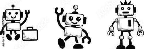 Cute hand drawn robot characters set black and white sketch illustration featuring playful cartoon robots with expressive poses