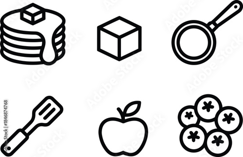 Minimal food and cooking icons set pancake butter frying pan spatula apple grapes modern outline vector style