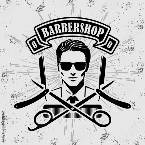 Vintage Barbershop Emblem Featuring Stylish Man and Classic Grooming Tools. Vector illustration