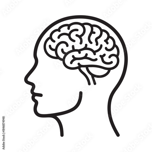 a simple black and white line drawing depicts a human head in profile with a detailed brain visible inside the skull