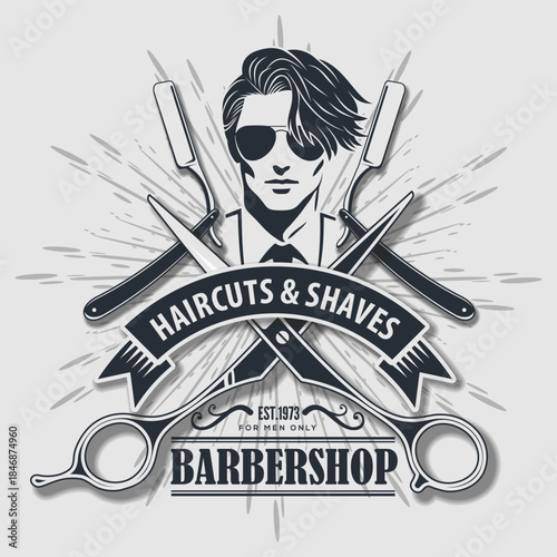 Vintage Barbershop Emblem Featuring Stylish Man and Classic Grooming Tools. Vector illustration