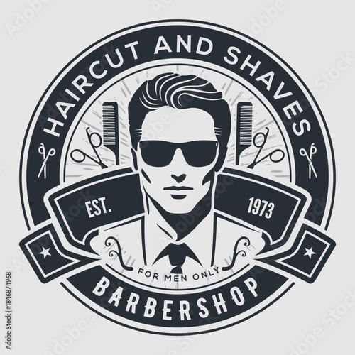 Vintage Barbershop Emblem Featuring Stylish Man and Classic Grooming Tools. Vector illustration