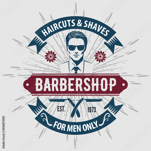 Vintage Barbershop Emblem Featuring Stylish Man and Classic Grooming Tools. Vector illustration