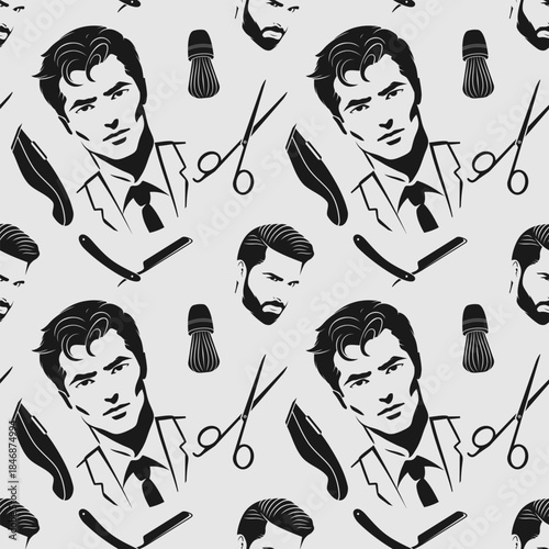 Barbershop seamless pattern with hipster face, hairdressing scissors and razor. Vector illustration