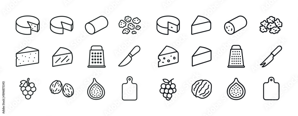Naklejka premium Cheese, sausage, and fruit icons in black and white linear style