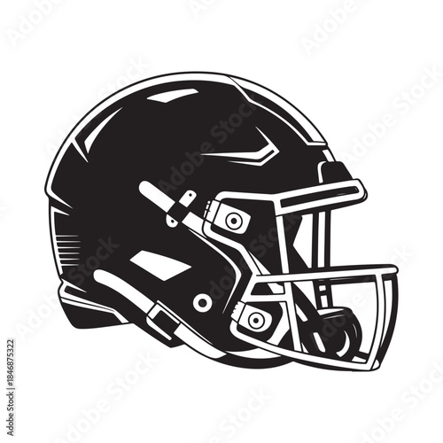 A detailed black and white illustration depicts a classic american football helmet showcasing its protective design and iconic sporty appearance