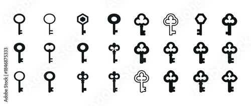 Collection of diverse vintage and modern key icons in black silh