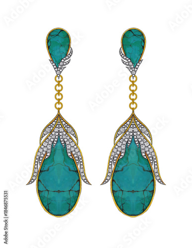 Jewelry design vintage art earrings with turquoise and diamond by hand drawn.