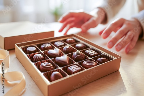 A delicate assortment of chocolates in a gold box, perfect for sharing or gifting, with hands reaching in to enjoy.