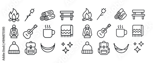 Camping icon set: fire, logs, guitar, backpack, hammock, mug, la