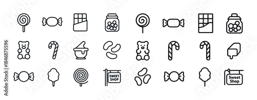Variety of black candy and sweet icons in linear style