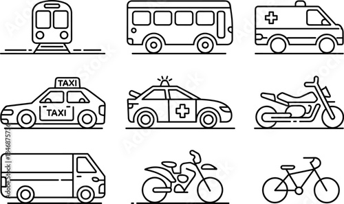 Transportation and logistics line icon set delivery van truck cargo ship airplane outline vector illustratio
