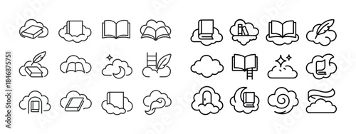 Cloud and book icons: diverse collection of reading and dream ic