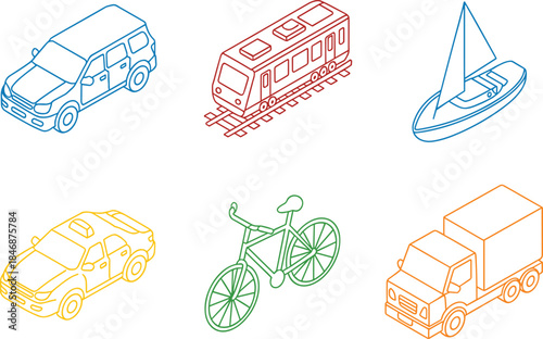 Isometric transportation line icon set car train boat taxi bicycle truck outline vector illustration