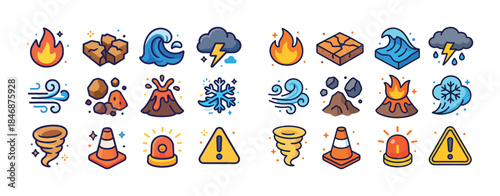 Colorful cartoon icons of natural disasters and warnings