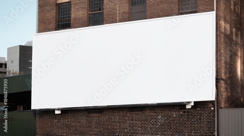 Blank White Landscape Billboard Mockup on Old Dark Brick Wall in City Alley, Daytime Urban OOH Advertising Concept for Branding Promotion