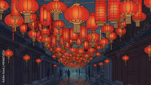 Vibrant red chinese lanterns hang in a row on a dark street at night, illuminated for a festival or celebration