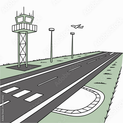 Airport runway with control tower and airplane taking off