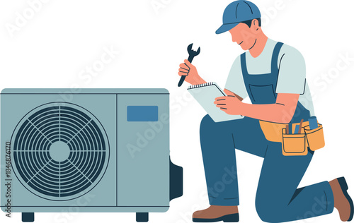 HVAC Service and Maintenance Technician - Flat Vector Illustration of Man Repairing an Outdoor Air Conditioner Unit