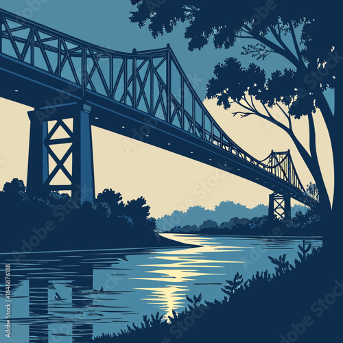 Stylized illustration of a large truss bridge spanning a river at dusk or dawn