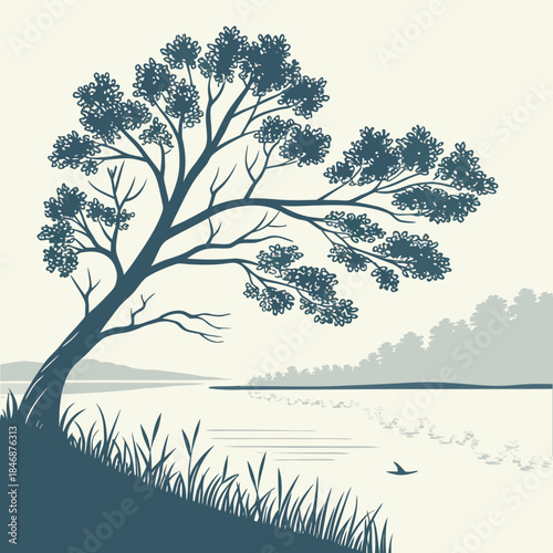 Stylized silhouette of a leaning tree by a calm lake or river at dusk