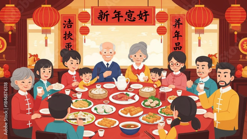Large family gathered around a table eating traditional chinese food during a festive holiday meal with red lanterns