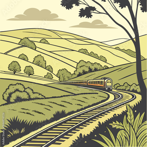 Train traveling through rolling green countryside hills landscape