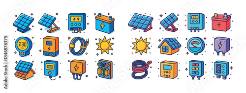 Colorful solar energy icons: panels, batteries, controllers, cab