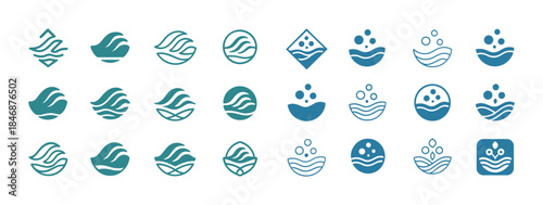Abstract aquatic icons set featuring wave and water designs in b