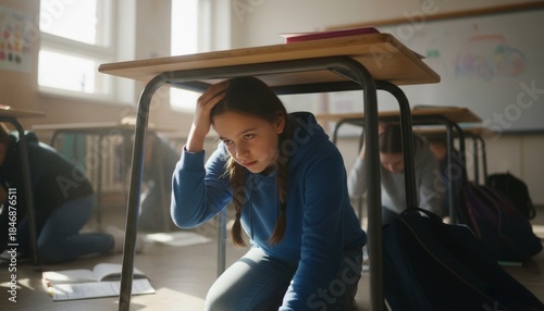 Students crouch under desks and protect their heads during a classroom earthquake drill, practicing emergency response for natural disasters.
