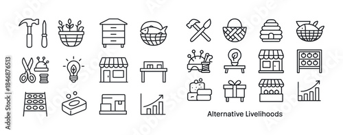 Icons representing diverse sustainable livelihoods and economic