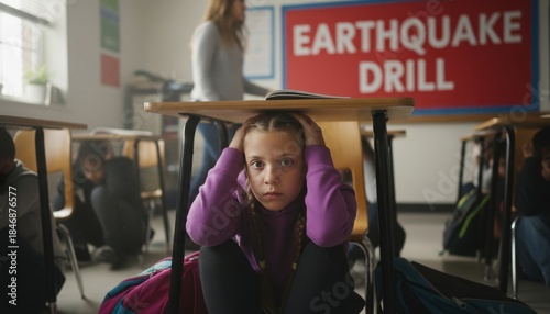 A young girl sits under a desk, covering her ears during an earthquake drill in a classroom, surrounded by classmates and a teacher.