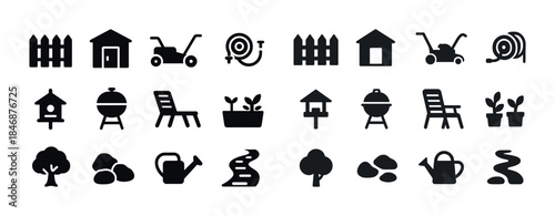 Garden icons set: fences, tools, furniture, trees, and plants in