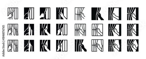 Vector icons of hands pulling open curtains in black and white