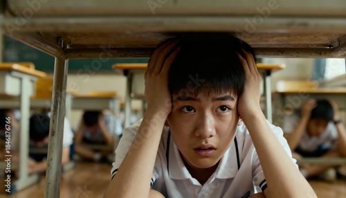 Students sheltering under desks during earthquake drill
