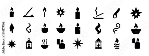 Collection of black candle and flame icons on white background