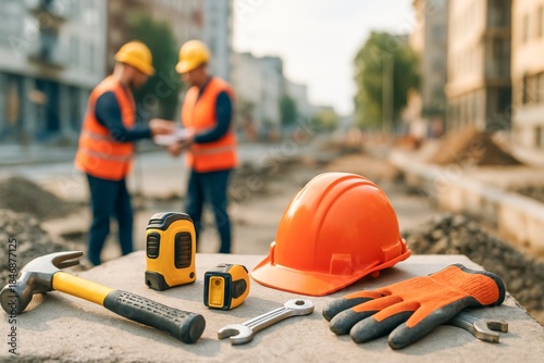 Construction site tools with two male workers collaborating in the background, showcasing teamwork and safety.