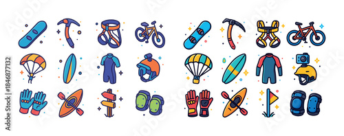 Adventure sports equipment icons: snowboarding, climbing, cyclin