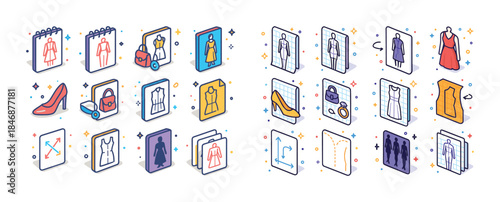 Fashion design workflow icons set with clothing, accessories, an