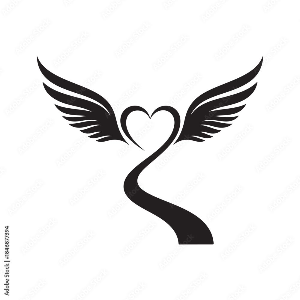 Fototapeta premium A symbolic black silhouette of a heart with wings taking flight on a winding path