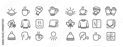 Winter icon set: gloves, cups, sweaters, scarves, and winter sym