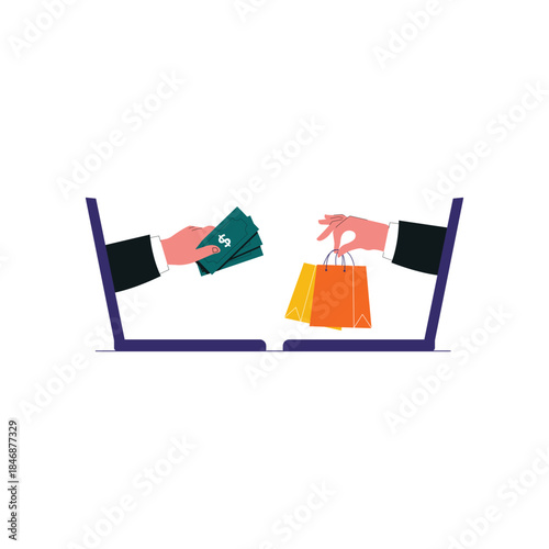 Hands Exchanging Money and Shopping Bags via Laptop Screens Vector Illustration. E-commerce Concept Design