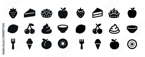 Collection of black food icon silhouettes: fruit, desserts, uten