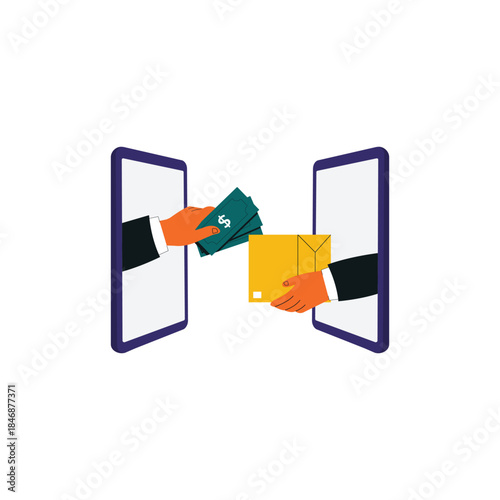 Hands Exchanging Money for Package via Smartphones Vector Illustration. E-commerce Concept Design