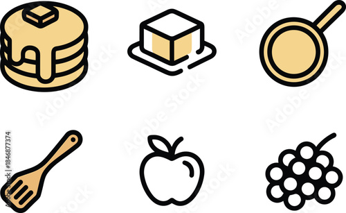 Minimal food and cooking icons set pancake butter frying pan spatula apple grapes modern outline vector style